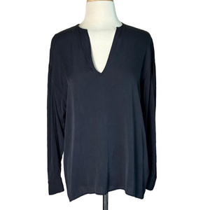 VINCE Women Small Black Stretch Silk Long Sleeve Tunic Top Quiet Luxury Feminine